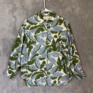 Trovata Birds of Paradise 100% Linen M Long Sleeve Top Button Floral Green Blue